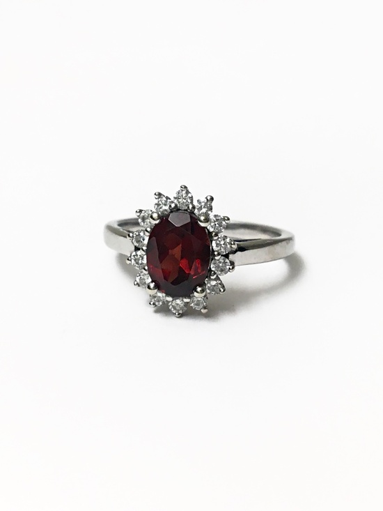 Jewelry - 10K Gold Ring, Garnet and Diamond Halo Ring